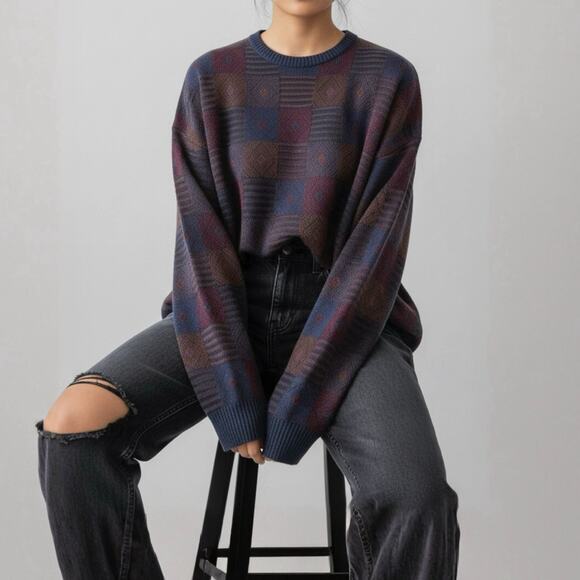 Wool Blend 90s Dark Academia Grandpa Sweater Artsy Geometric Jacquard Knit XL - Picture 2 of 10